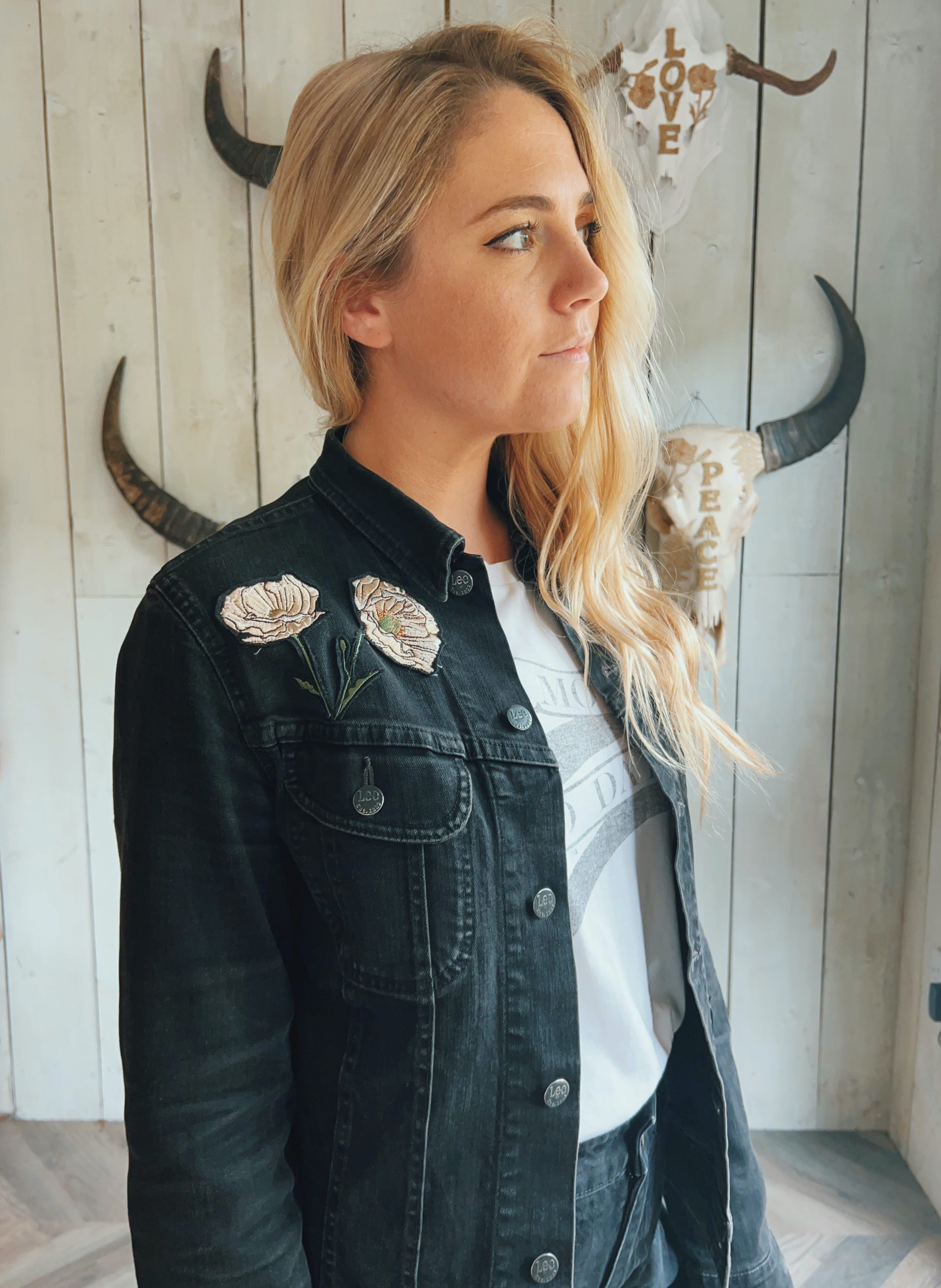 White Heart, Floral Denim Jacket - M