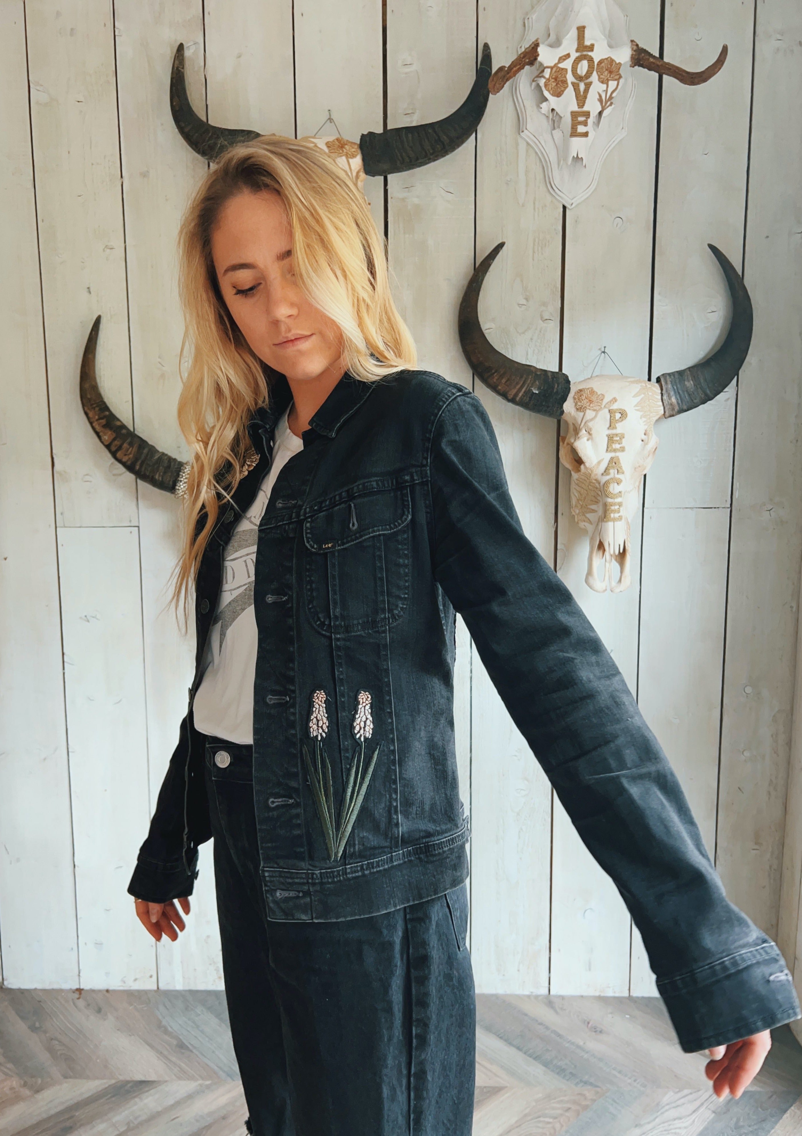 White Heart, Floral Denim Jacket - M