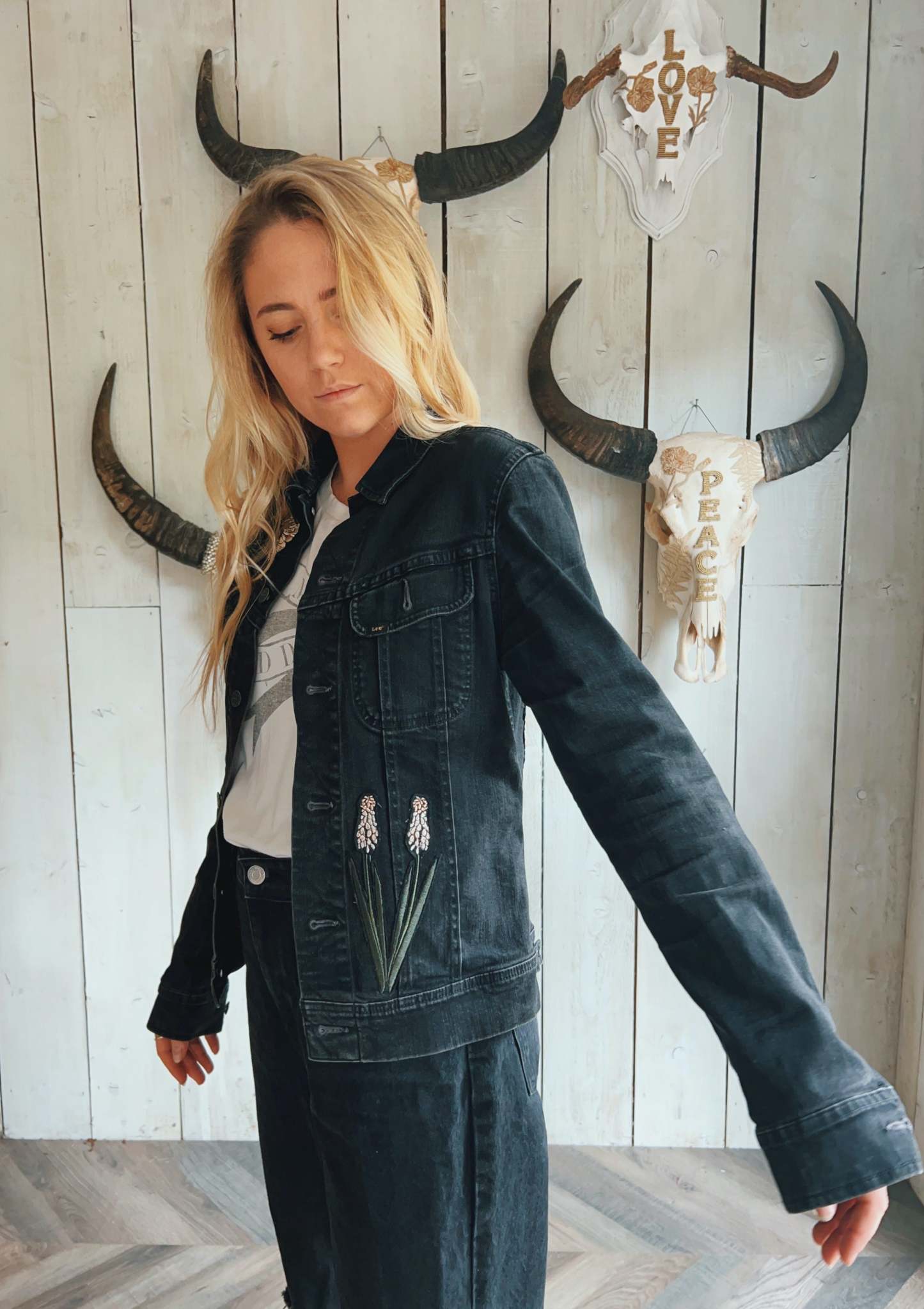 White Heart, Floral Denim Jacket - M