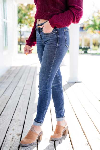   8 Days A Week  Medium Wash Mid Rise Skinny jeans with Handsanding