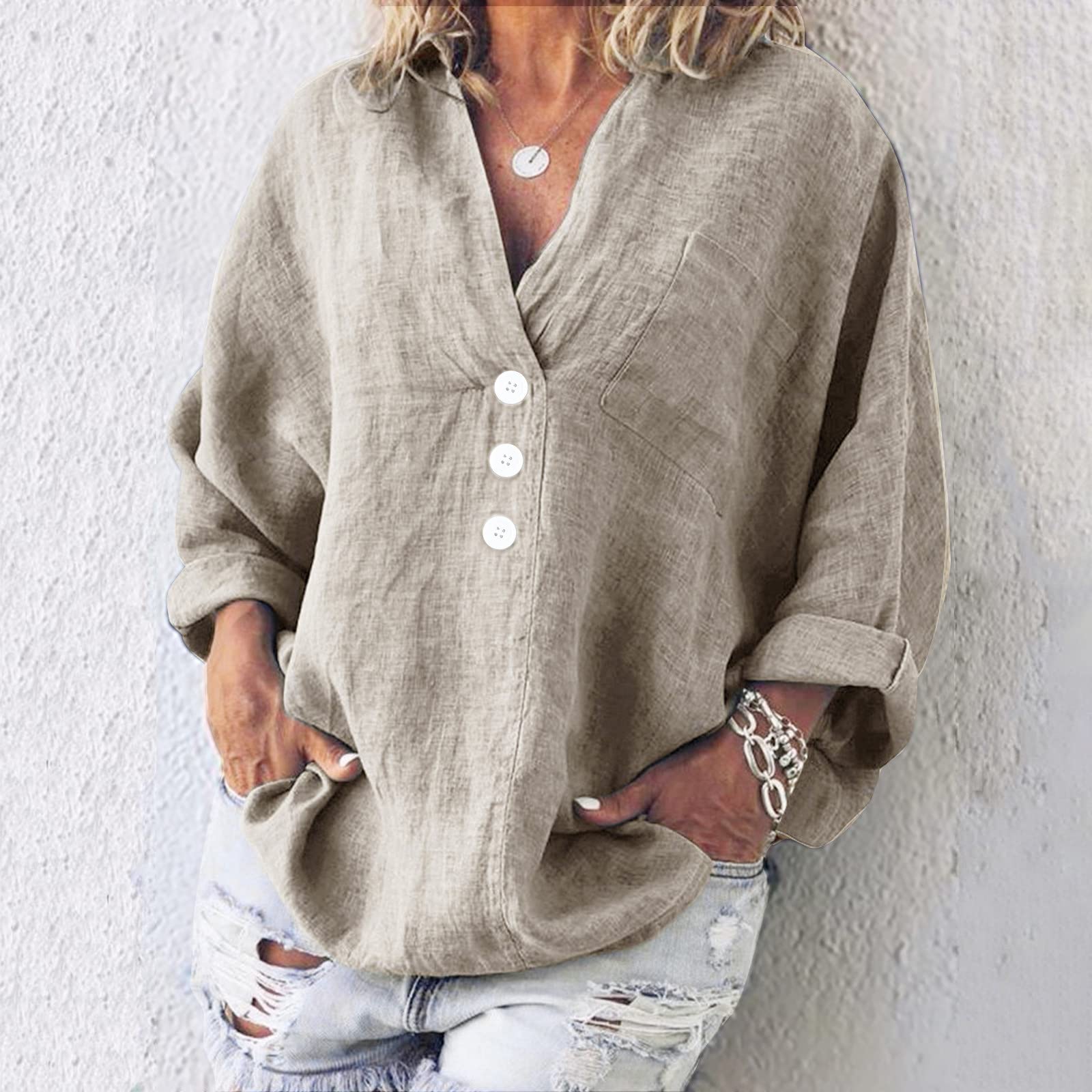 Solid Linen Loose Long Sleeved V-Neck Shirt