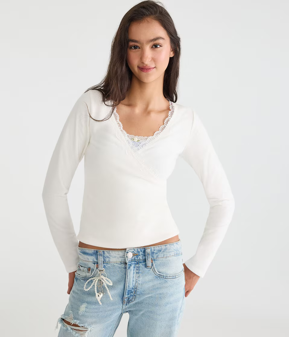 Long Sleeve Crossover Lace V-Neck Tee