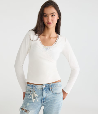 Long Sleeve Crossover Lace V-Neck Tee