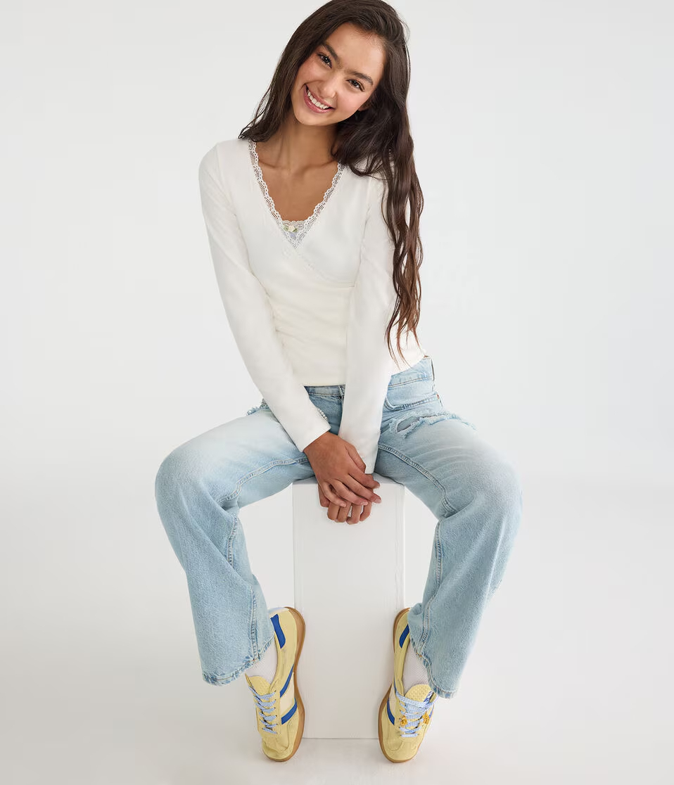 Long Sleeve Crossover Lace V-Neck Tee
