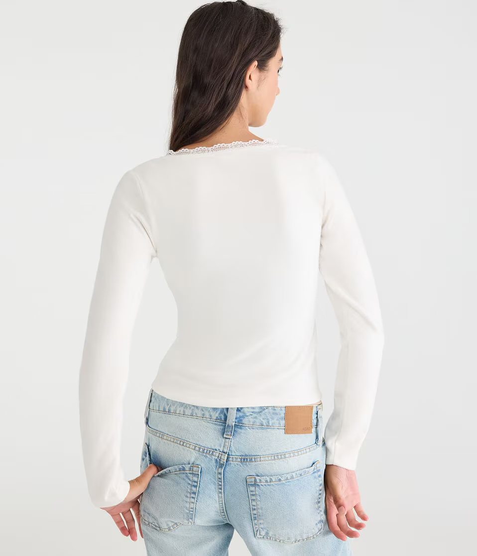 Long Sleeve Crossover Lace V-Neck Tee