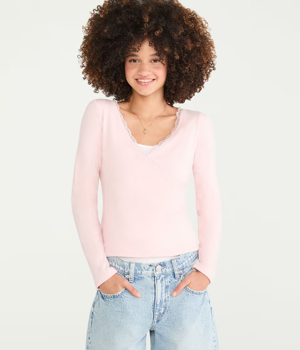 Long Sleeve Crossover Lace V-Neck Tee