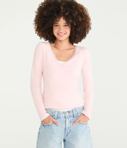 Long Sleeve Crossover Lace V-Neck Tee