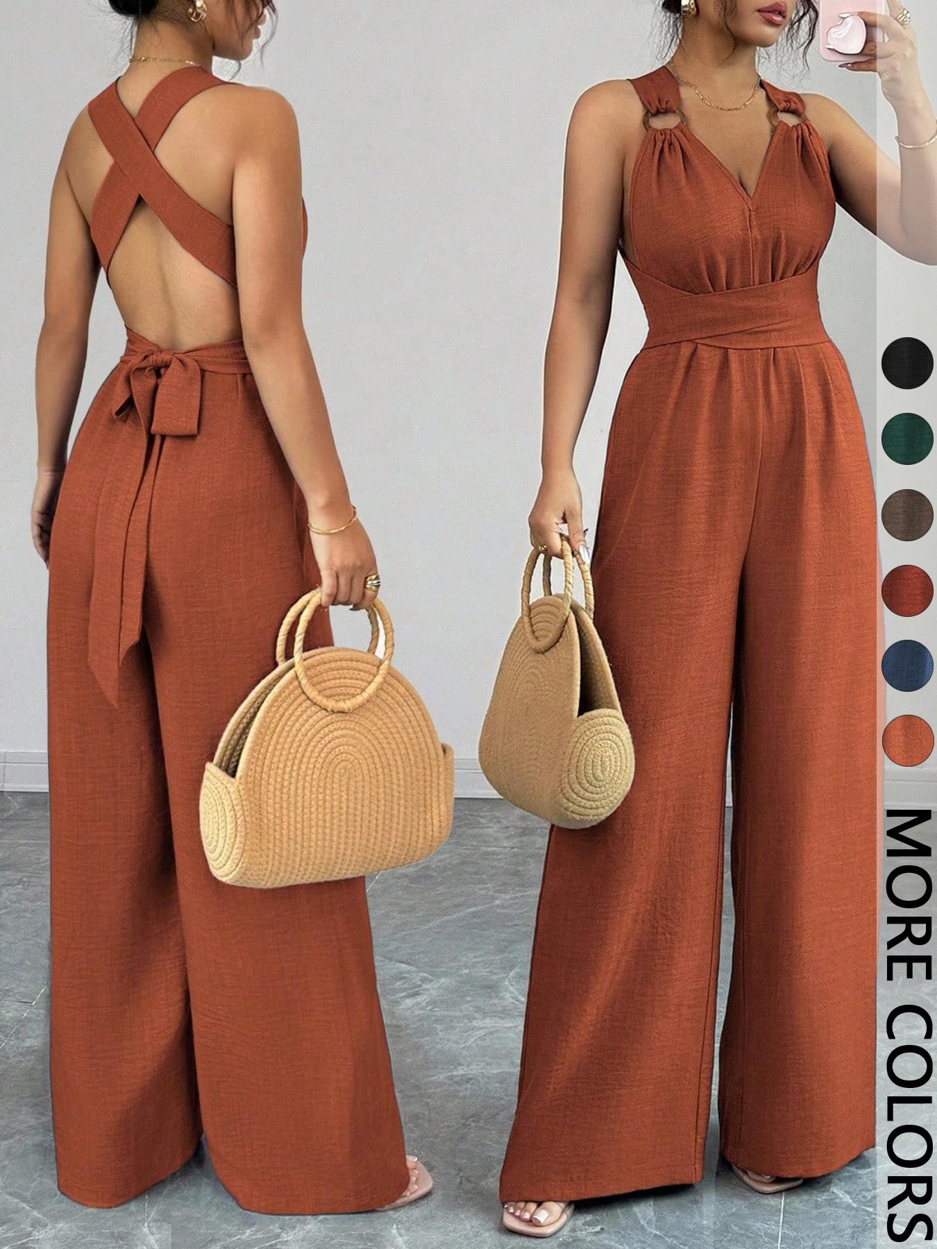Women's V-Neck Tie-Waist Wide-Leg Jumpsuits
