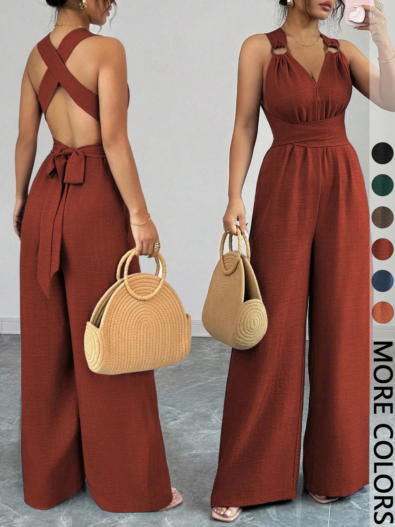 Women's V-Neck Tie-Waist Wide-Leg Jumpsuits