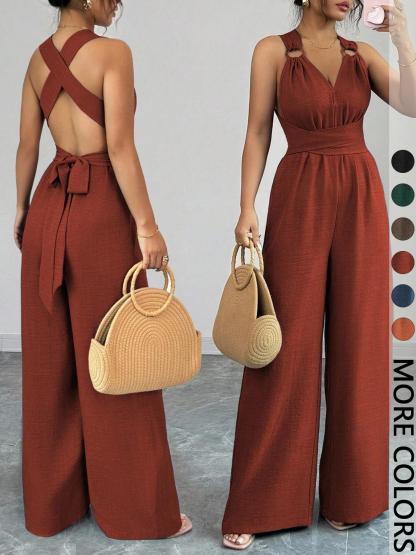 Women's V-Neck Tie-Waist Wide-Leg Jumpsuits