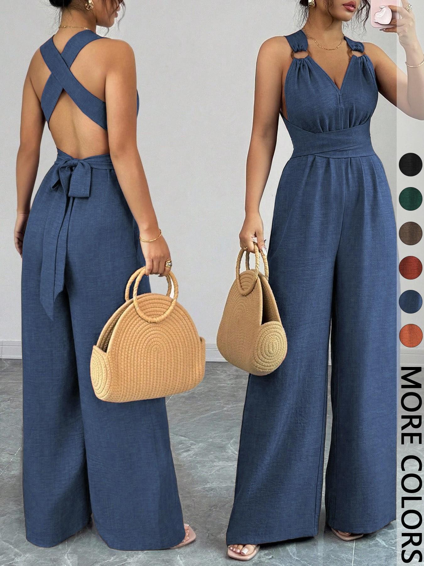 Women's V-Neck Tie-Waist Wide-Leg Jumpsuits