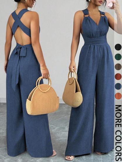 Women's V-Neck Tie-Waist Wide-Leg Jumpsuits