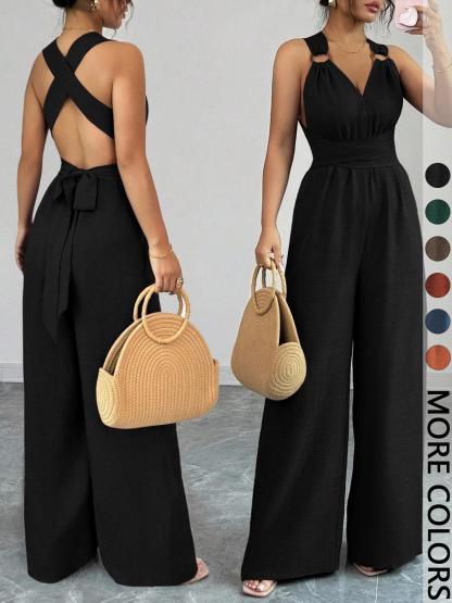 Women's V-Neck Tie-Waist Wide-Leg Jumpsuits