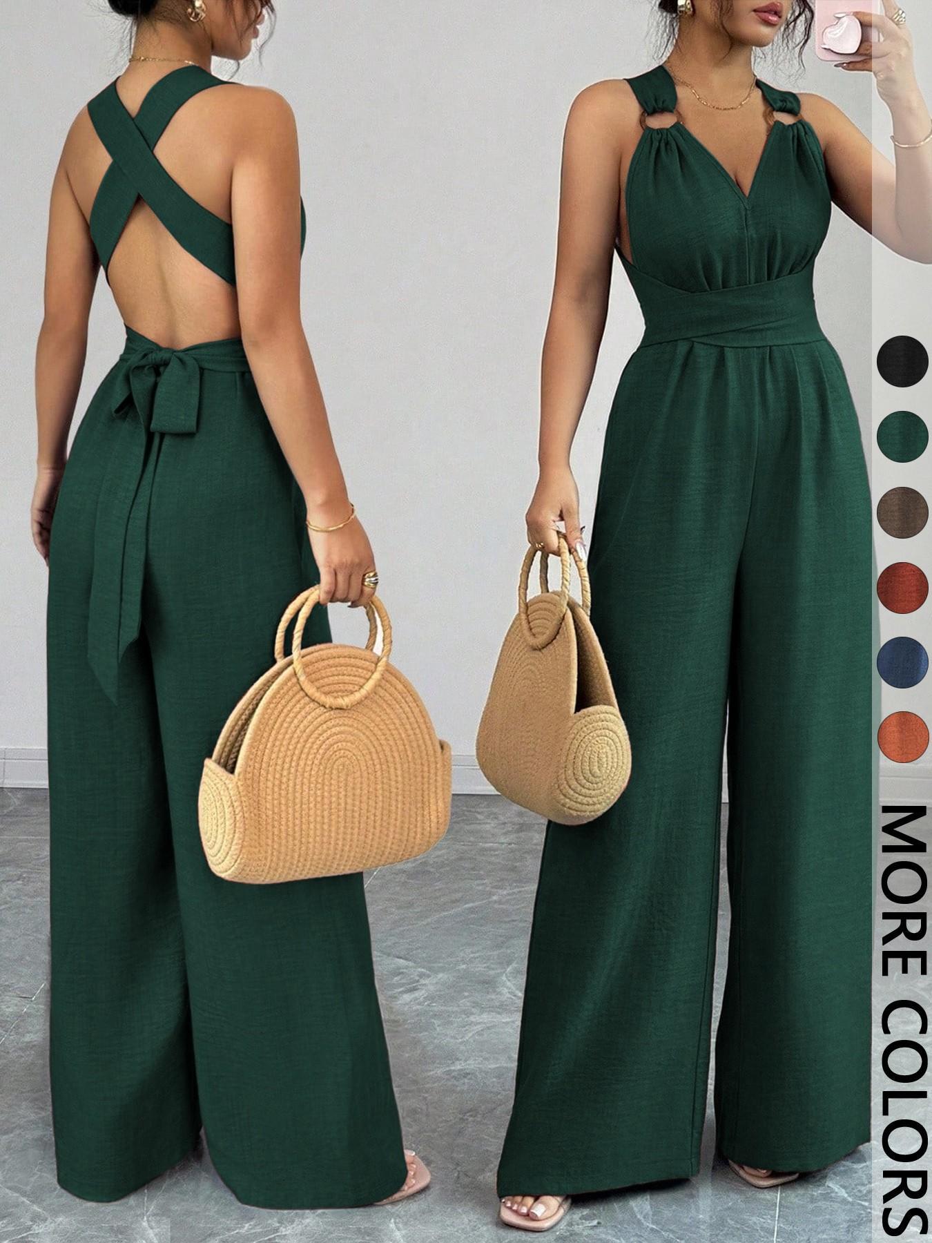 Women's V-Neck Tie-Waist Wide-Leg Jumpsuits