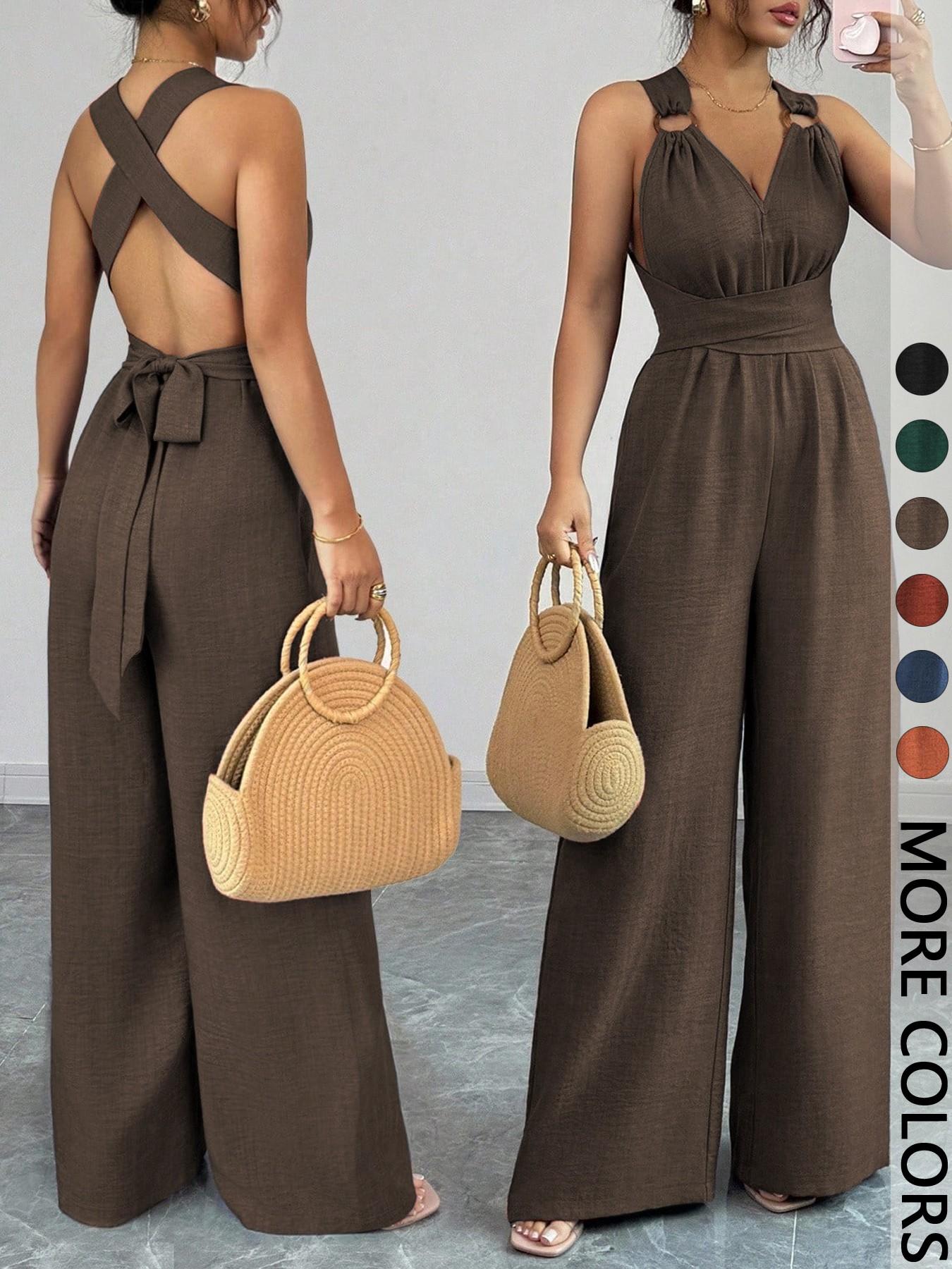 Women's V-Neck Tie-Waist Wide-Leg Jumpsuits
