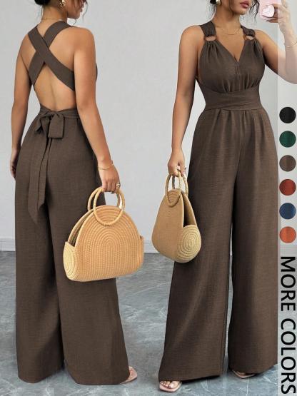 Women's V-Neck Tie-Waist Wide-Leg Jumpsuits