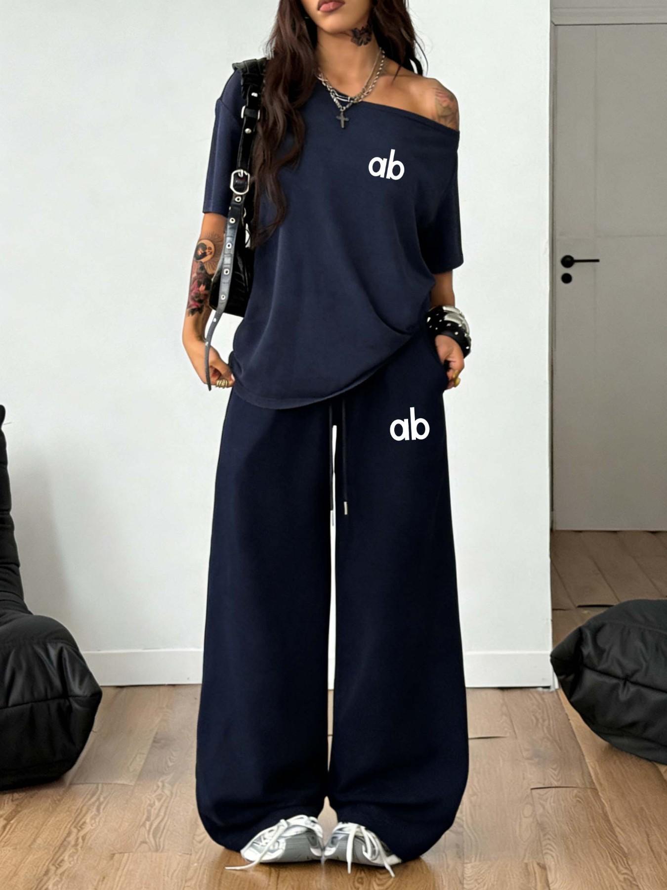Women's Letter Print Off-Shoulder Oversized T-Shirt & Wide Leg Pants Two Piece Sets