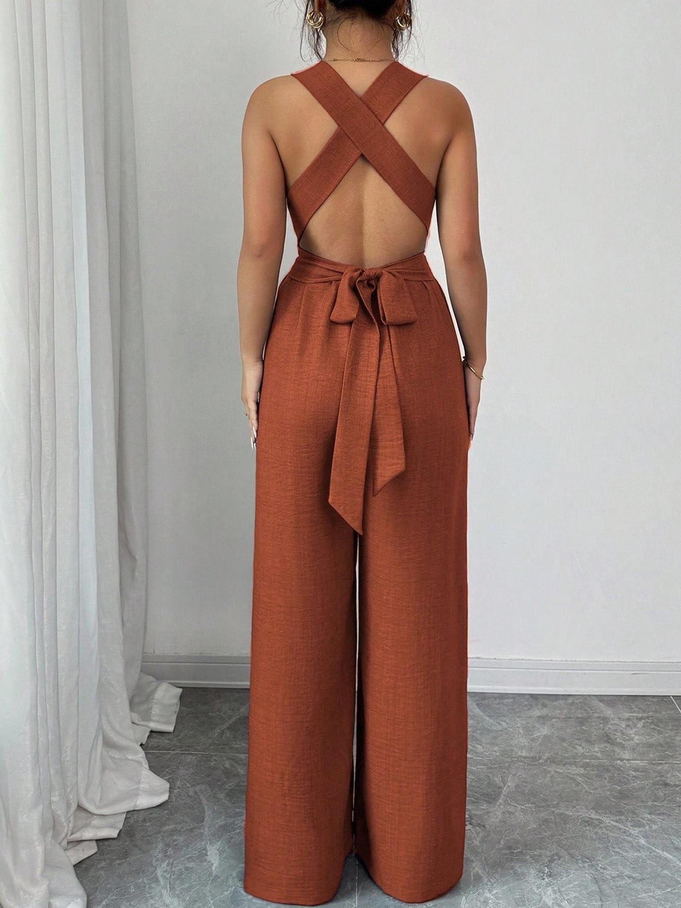 1 Piece V-Neck Tie-Waist Wide-Leg Jumpsuit, Women's Jumpsuit, Casual Summer Vacation Wear 1 Piece V-Neck Tie-Waist Wide-Leg Jumpsuit, Women's Jumpsuit, Casual Summer Vacation Wear