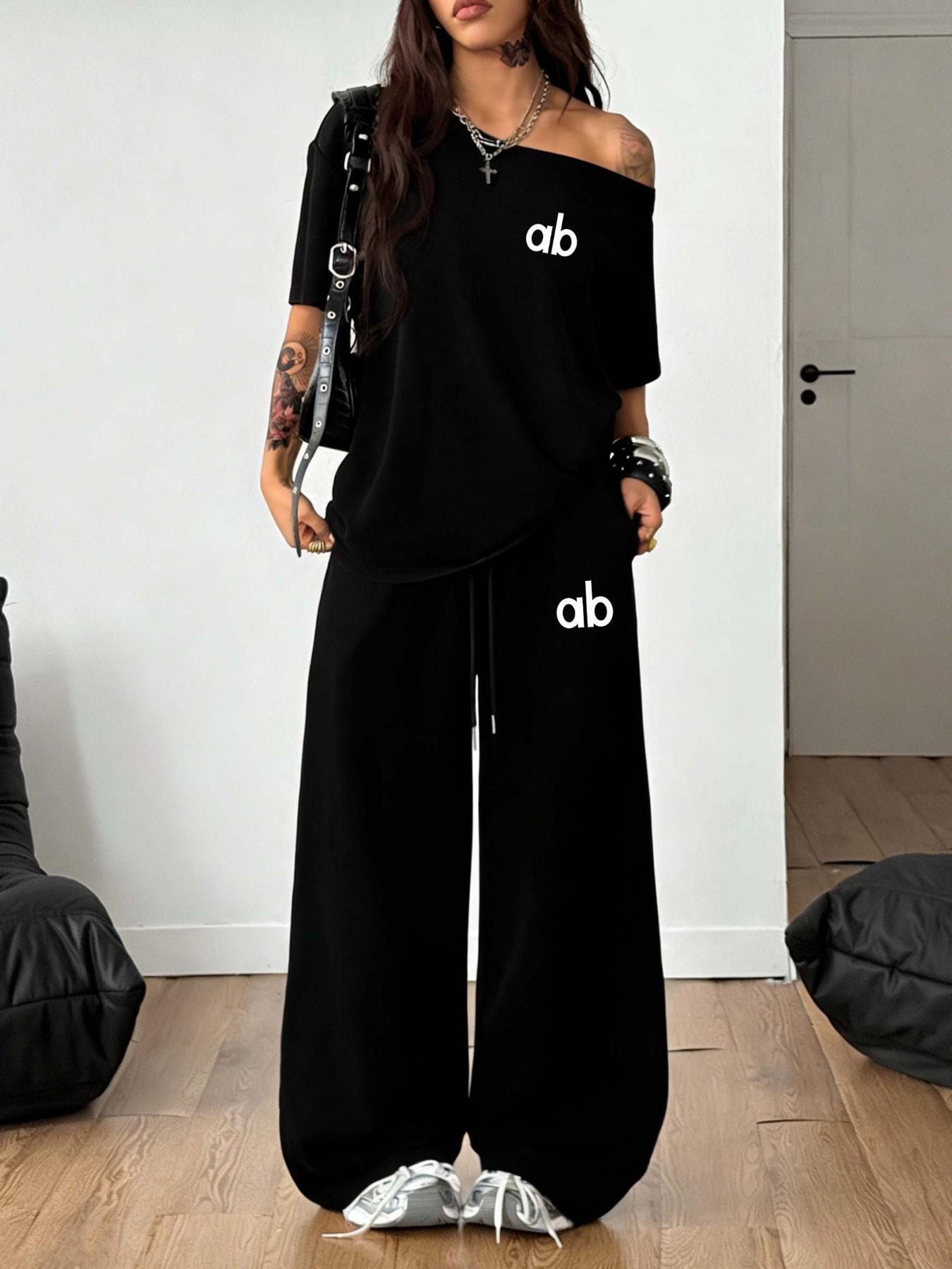 Women's Letter Print Off-Shoulder Oversized T-Shirt & Wide Leg Pants Two Piece Sets