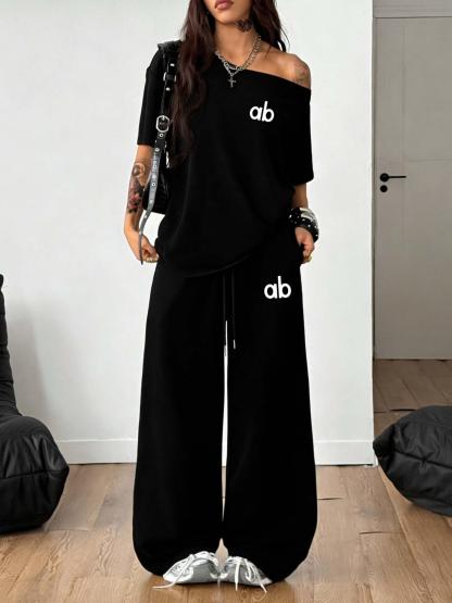 Women's Letter Print Off-Shoulder Oversized T-Shirt & Wide Leg Pants Two Piece Sets