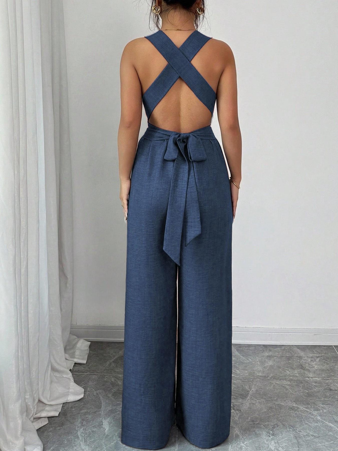 Women's V-Neck Tie-Waist Wide-Leg Jumpsuits