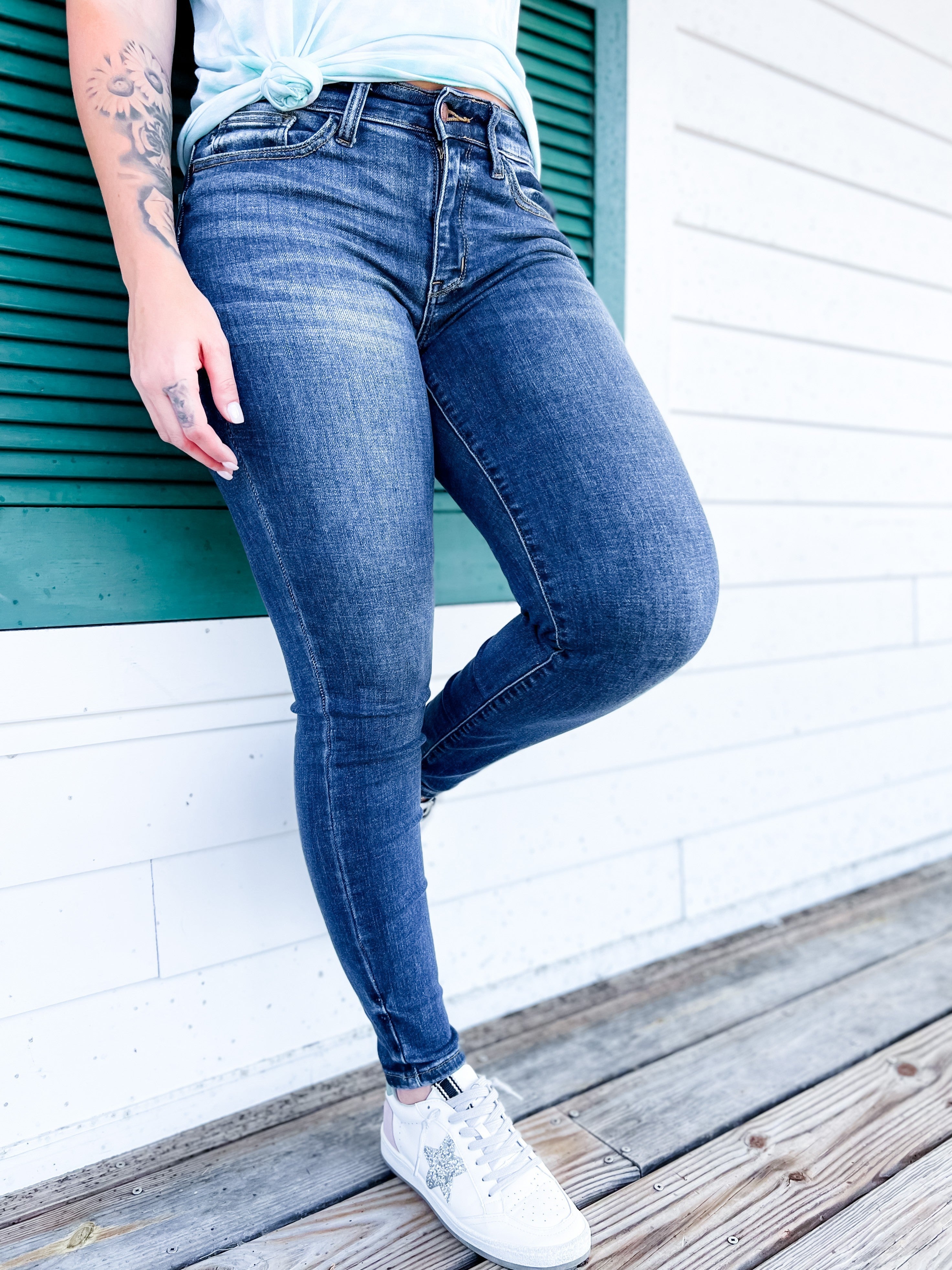   8 Days A Week  Medium Wash Mid Rise Skinny jeans with Handsanding