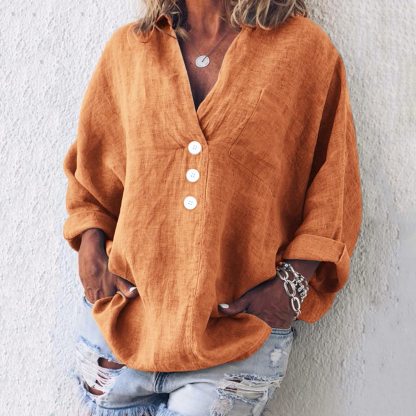 Solid Linen Loose Long Sleeved V-Neck Shirt