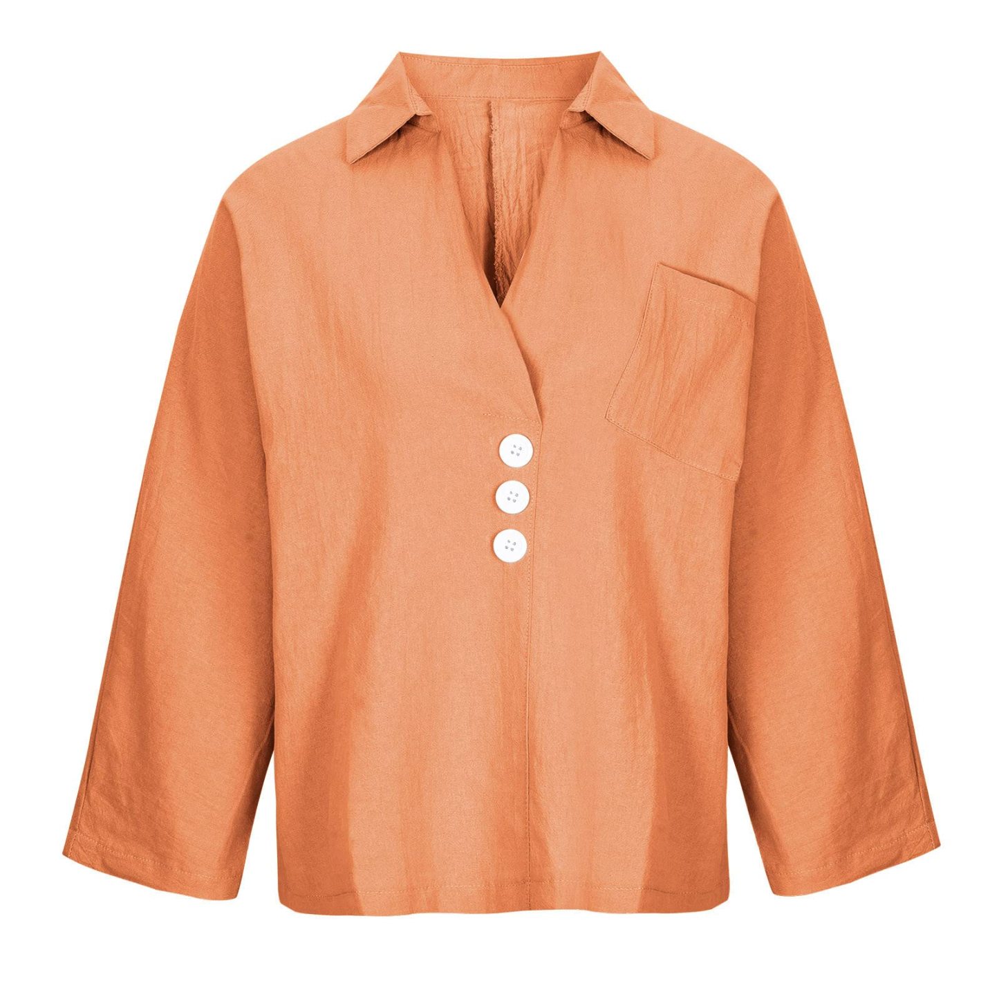 Solid Linen Loose Long Sleeved V-Neck Shirt