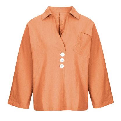 Solid Linen Loose Long Sleeved V-Neck Shirt