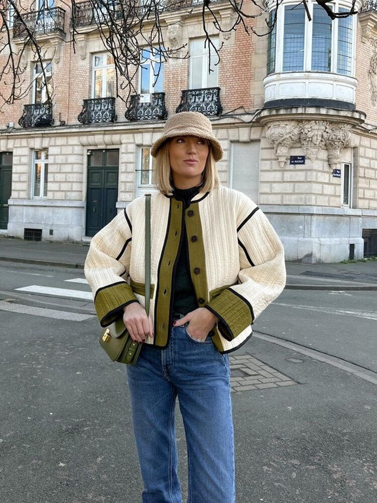 Patchwork Cotton Coat Women Single Breasted Jacket