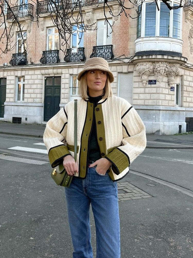 Patchwork Cotton Coat Women Single Breasted Jacket