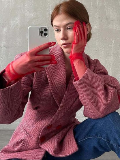 Woolen Lantern Sleeve Notched Heart Double Breasted Jacket