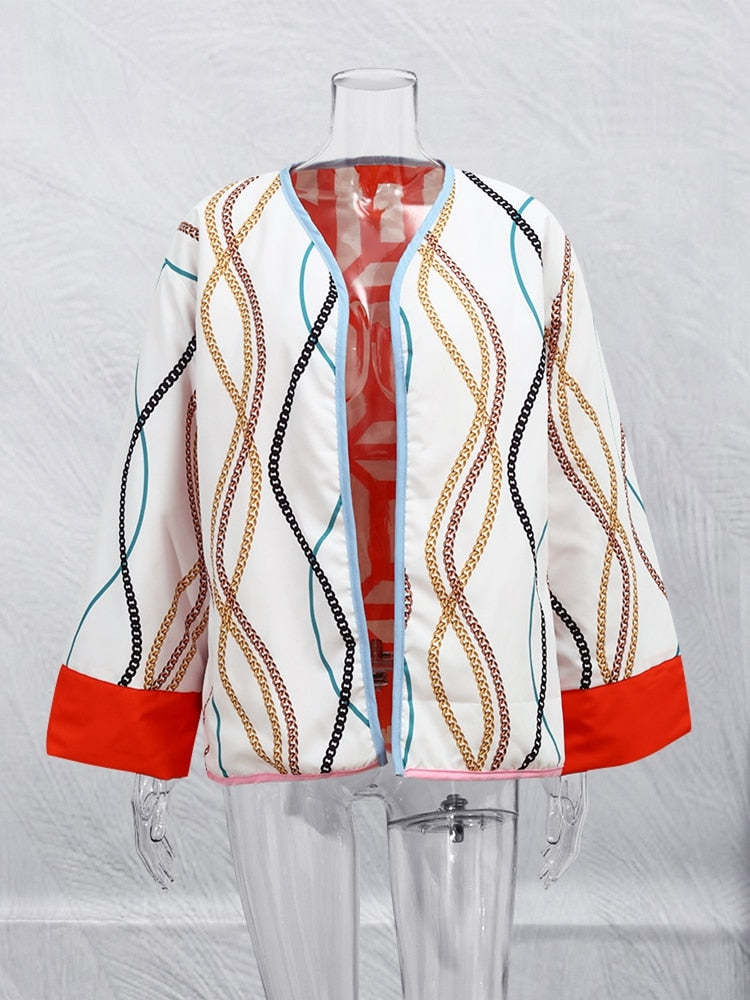 Printed Pocket Wide Sleeved Women's Double Sided Jacket