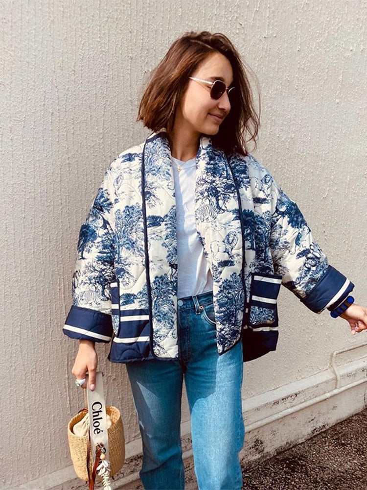 Printed Short Cotton Jacket Long Sleeved Pocket Female Coat