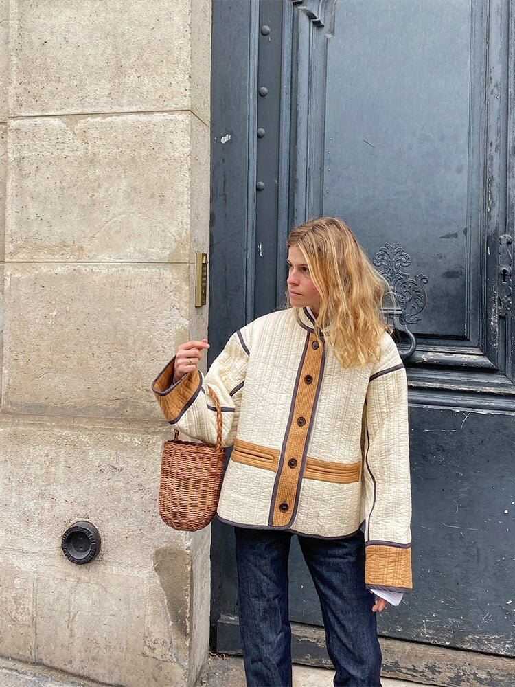 Patchwork Cotton Coat Women Single Breasted Jacket