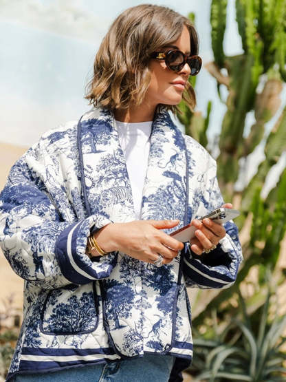 Printed Short Cotton Jacket Long Sleeved Pocket Female Coat