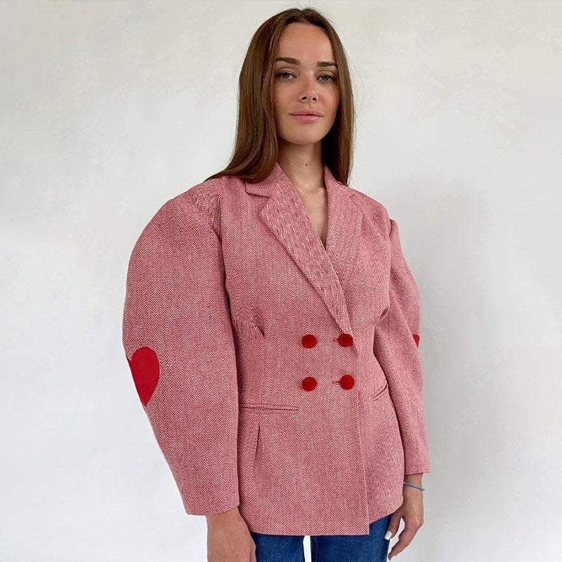 Woolen Lantern Sleeve Notched Heart Double Breasted Jacket