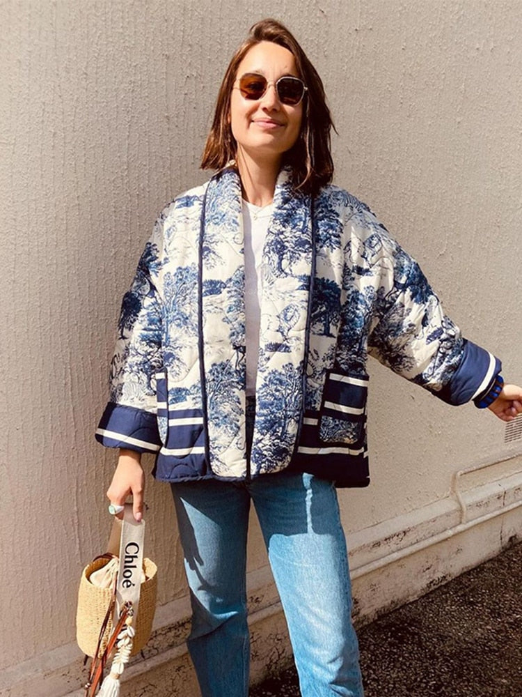 Printed Short Cotton Jacket Long Sleeved Pocket Female Coat