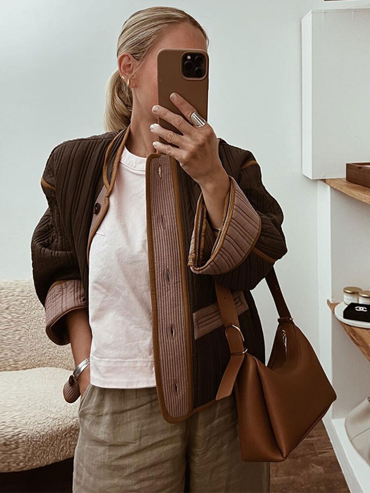 Patchwork Cotton Coat Women Single Breasted Jacket