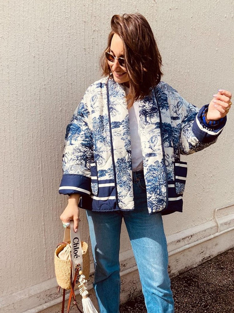 Printed Short Cotton Jacket Long Sleeved Pocket Female Coat