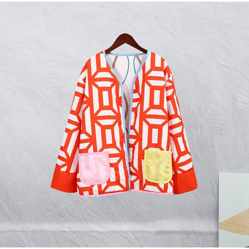 Printed Pocket Wide Sleeved Women's Double Sided Jacket