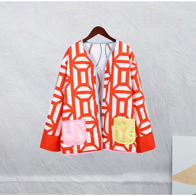 Printed Pocket Wide Sleeved Women's Double Sided Jacket