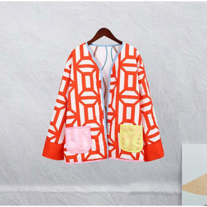 Printed Pocket Wide Sleeved Women's Double Sided Jacket
