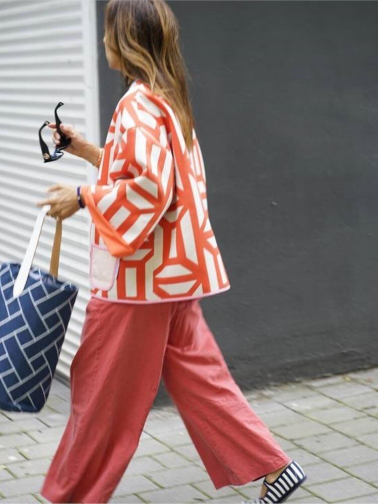 Printed Pocket Wide Sleeved Women's Double Sided Jacket