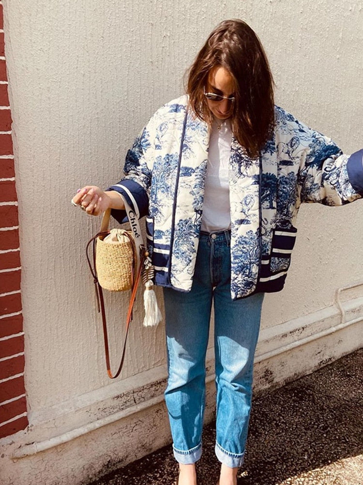Printed Short Cotton Jacket Long Sleeved Pocket Female Coat