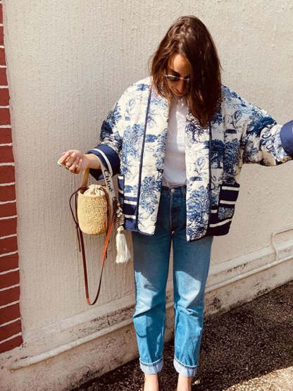 Printed Short Cotton Jacket Long Sleeved Pocket Female Coat