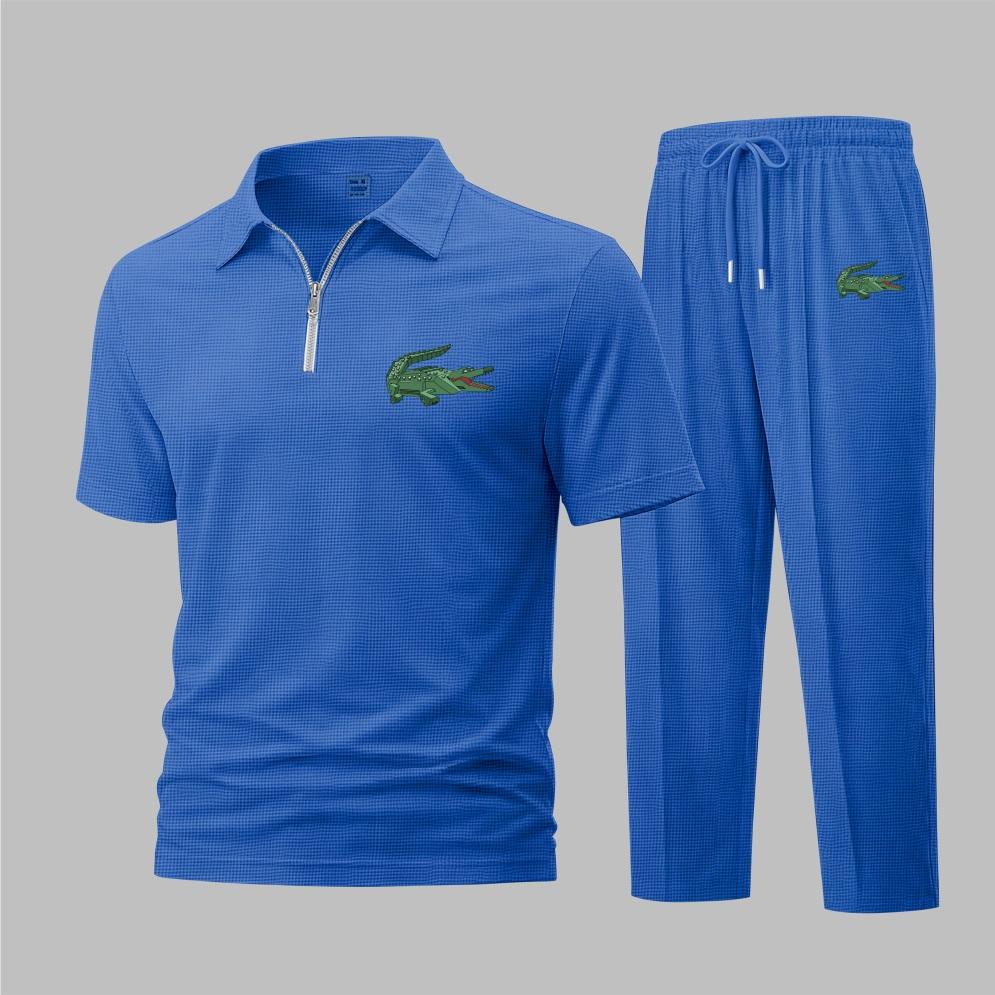 Men's Mechanical Crocodile Print Waffle-Knit Polo Shirt Set