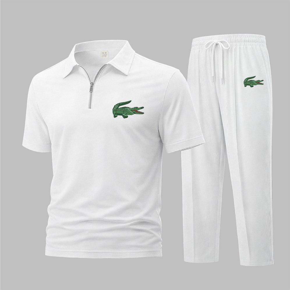 Men's Mechanical Crocodile Print Waffle-Knit Polo Shirt Set