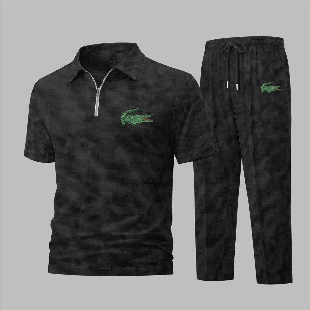 Men's Mechanical Crocodile Print Waffle-Knit Polo Shirt Set