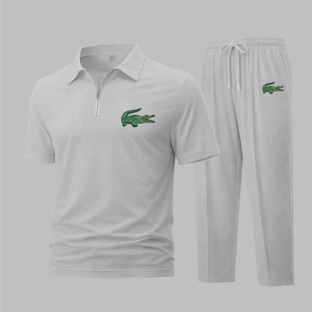 Men's Mechanical Crocodile Print Waffle-Knit Polo Shirt Set
